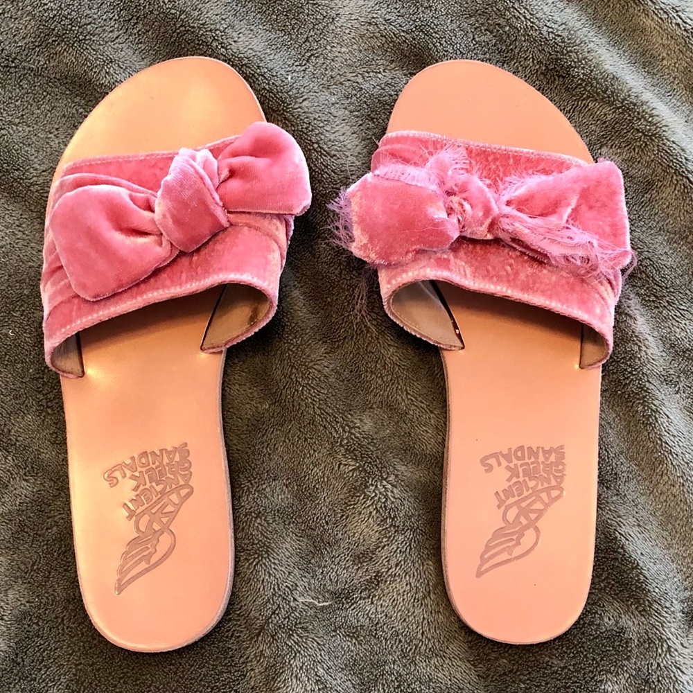 Ancient Greek Sandals Taygate Pink Velvet Bow Slides